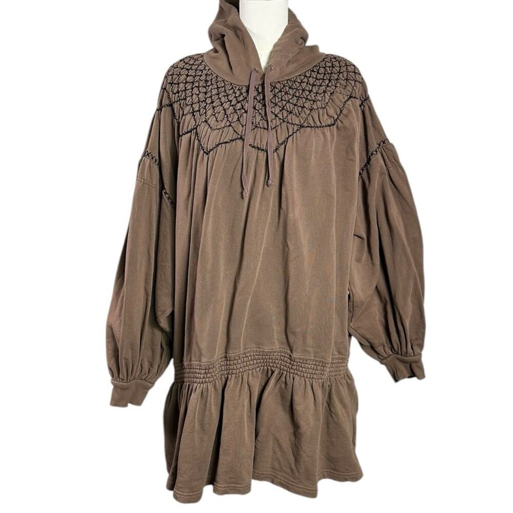 Free People Bohemian Marty Smocked Mini Dress Brown Bear Sweatshirt Tunic Medium - Picture 10 of 15